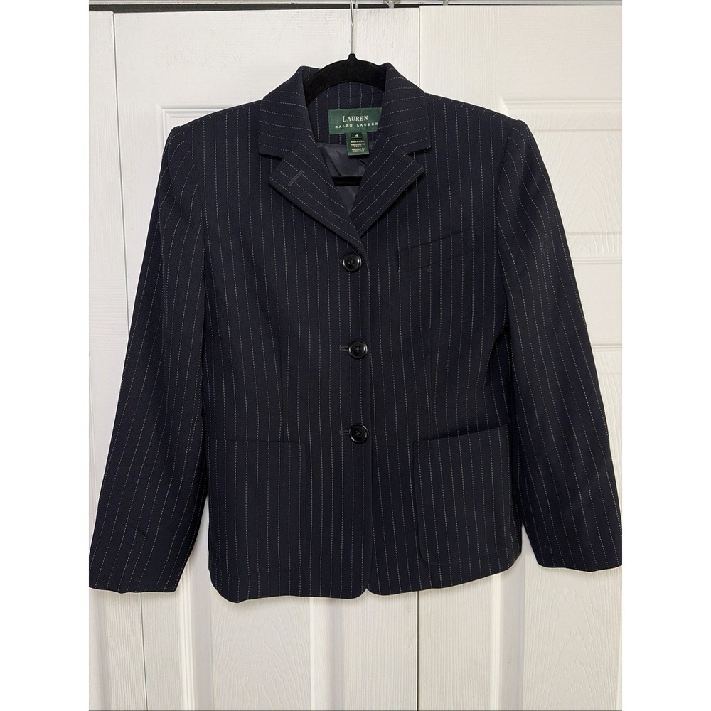 Lauren Ralph Lauren Pinstripe Blazer Womens Size 4 Navy Blue Worsted Wool Office